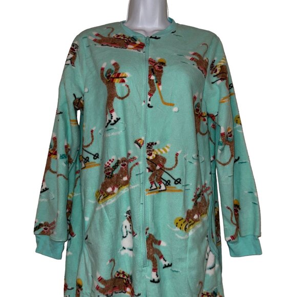 NWT Nick & Nora Pajamas Womens M Monkey Soft Fleece Unionsuit One Piece Green - Picture 2 of 11